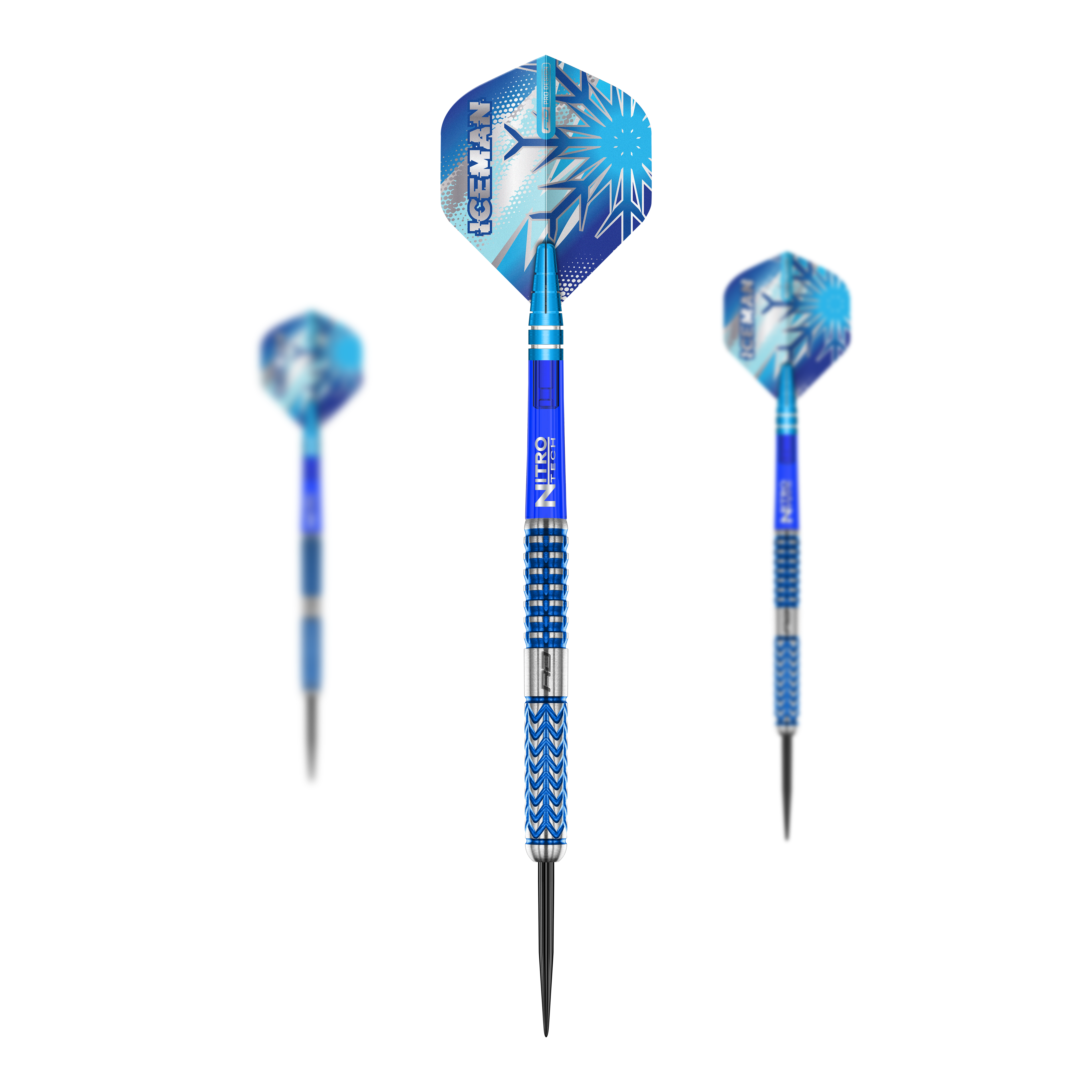 Das Bild zeigt die "Red Dragon Gerwyn Price Glacier Steeldarts" mit blauen Akzenten und eisigem Design. Die Darts haben auffällige Flights mit dem Schriftzug "ICEMAN" und Schneeflockenmuster.